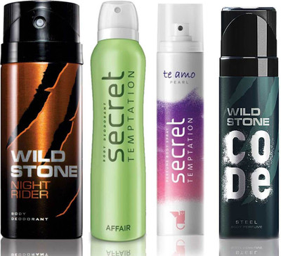 

Wild Stone Night Rider Deodorant (150 ml), Code Steel Body Perfume(120 ml) and ST Affair Deodorant (150 ml), Te Amo Pearl Body Perfume (120 ml), Pack of 4 Perfume Body Spray - For Men & Women(540 ml, Pack of 4)