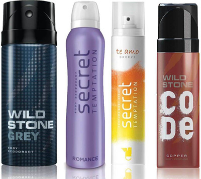 

Wild Stone Grey Deodorant (150 ml), Code Copper Perfume(120 ml) and ST Romance Deodorant (150 ml), Te Amo Breeze Body Perfume (120 ml), Pack of 4 Perfume Body Spray - For Men & Women(540 ml, Pack of 4)