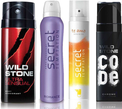 

Wild Stone Ultra Sensual Deodorant (150 ml), Code Chrome Body Perfume(120 ml) and ST Romance Deodorant (150 ml), Te Amo Breeze Body Perfume (120 ml), Pack of 4 Perfume Body Spray - For Men & Women(540 ml, Pack of 4)