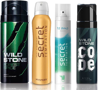 

Wild Stone Forest Spice Deodorant (150 ml), Code Steel Body Perfume(120 ml) and ST Mystery Deodorant (150 ml), Te Amo Aqua Body Perfume (120 ml), Pack of 4 Perfume Body Spray - For Men & Women(540 ml, Pack of 4)