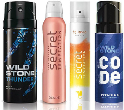 

Wild Stone Thunder Deodorant (150 ml), Code Titanium Body Perfume(120 ml) and ST Desire Deodorant (150 ml), Te Amo Breeze Body Perfume (120 ml), Pack of 4 Perfume Body Spray - For Men & Women(540 ml, Pack of 4)