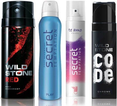 

Wild Stone Red Deodorant (150 ml), Code Chrome Body Perfume(120 ml) and ST Play Deodorant (150 ml), Te Amo Pearl Body Perfume (120 ml), Pack of 4 Perfume Body Spray - For Men & Women(540 ml, Pack of 4)
