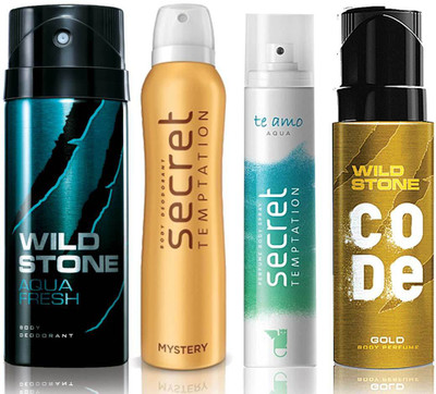 

Wild Stone Aqua Fresh Deodorant (150 ml), Code Gold Body Perfume(120 ml) and ST Mystery Deodorant (150 ml), Te Amo Aqua Body Perfume (120 ml), Pack of 4 Perfume Body Spray - For Men & Women(540 ml, Pack of 4)