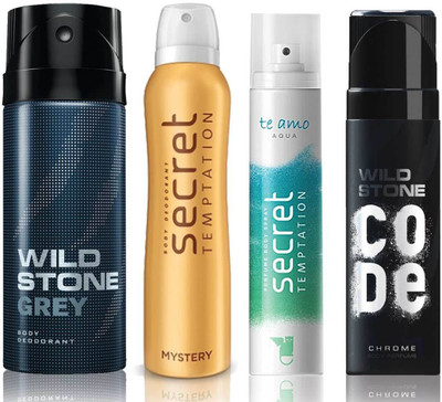 

Wild Stone Grey Deodorant (150 ml), Code Chrome Body Perfume(120 ml) and ST Mystery Deodorant (150 ml), Te Amo Aqua Body Perfume (120 ml), Pack of 4 Perfume Body Spray - For Men & Women(540 ml, Pack of 4)