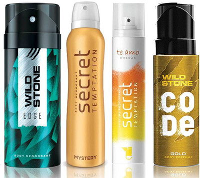 

Wild Stone Edge Deodorant (150 ml), Code Gold Body Perfume(120 ml) and ST Mystery Deodorant (150 ml), Te Amo Breeze Body Perfume (120 ml), Pack of 4 Perfume Body Spray - For Men & Women(540 ml, Pack of 4)