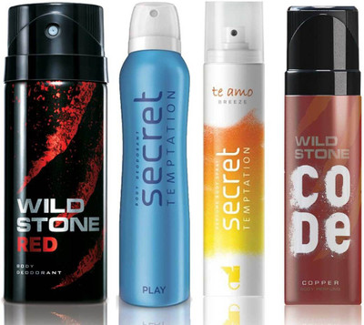

Wild Stone Red Deodorant (150 ml), Code Copper Perfume(120 ml) and ST Play Deodorant (150 ml), Te Amo Breeze Body Perfume (120 ml), Pack of 4 Perfume Body Spray - For Men & Women(540 ml, Pack of 4)