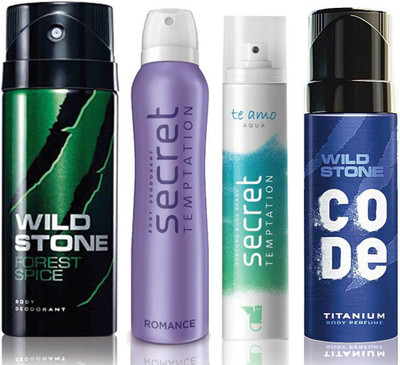 

Wild Stone Forest Spice Deodorant (150 ml), Code Titanium Body Perfume(120 ml) and ST Romance Deodorant (150 ml), Te Amo Aqua Body Perfume (120 ml), Pack of 4 Perfume Body Spray - For Men & Women(540 ml, Pack of 4)