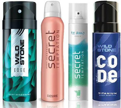 

Wild Stone Edge Deodorant (150 ml), Code Titanium Body Perfume(120 ml) and ST Desire Deodorant (150 ml), Te Amo Aqua Body Perfume (120 ml), Pack of 4 Perfume Body Spray - For Men & Women(540 ml, Pack of 4)