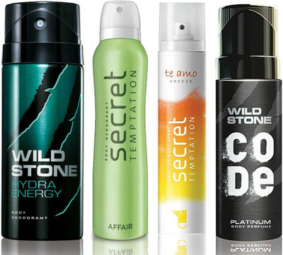 

Wild Stone Hydra Energy Deodorant (150 ml), Code Platinum Body Perfume(120 ml) and ST Affair Deodorant (150 ml), Te Amo Breeze Body Perfume (120 ml), Pack of 4 Perfume Body Spray - For Men & Women(540 ml, Pack of 4)