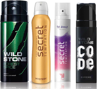 

Wild Stone Forest Spice Deodorant (150 ml), Code Chrome Body Perfume(120 ml) and ST Mystery Deodorant (150 ml), Te Amo Pearl Body Perfume (120 ml), Pack of 4 Perfume Body Spray - For Men & Women(540 ml, Pack of 4)