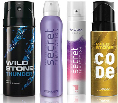 

Wild Stone Thunder Deodorant (150 ml), Code Gold Body Perfume(120 ml) and ST Romance Deodorant (150 ml), Te Amo Pearl Body Perfume (120 ml), Pack of 4 Perfume Body Spray - For Men & Women(540 ml, Pack of 4)