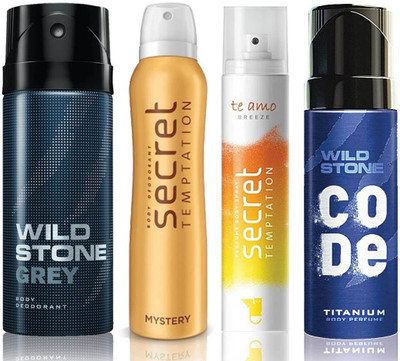 

Wild Stone Grey Deodorant (150 ml), Code Titanium Body Perfume(120 ml) and ST Mystery Deodorant (150 ml), Te Amo Breeze Body Perfume (120 ml), Pack of 4 Perfume Body Spray - For Men & Women(540 ml, Pack of 4)