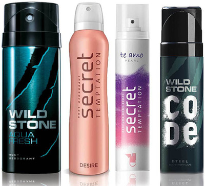 

Wild Stone Aqua Fresh Deodorant (150 ml), Code Steel Body Perfume(120 ml) and ST Desire Deodorant (150 ml), Te Amo Pearl Body Perfume (120 ml), Pack of 4 Perfume Body Spray - For Men & Women(540 ml, Pack of 4)
