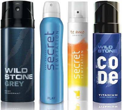 

Wild Stone Grey Deodorant (150 ml), Code Titanium Body Perfume(120 ml) and ST Play Deodorant (150 ml), Te Amo Breeze Body Perfume (120 ml), Pack of 4 Perfume Body Spray - For Men & Women(540 ml, Pack of 4)