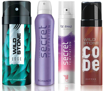

Wild Stone Edge Deodorant (150 ml), Code Copper Perfume(120 ml) and ST Romance Deodorant (150 ml), Te Amo Pearl Body Perfume (120 ml), Pack of 4 Perfume Body Spray - For Men & Women(540 ml, Pack of 4)