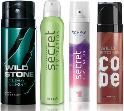 

Wild Stone Hydra Energy Deodorant (150 ml), Code Copper Perfume(120 ml) and ST Affair Deodorant (150 ml), Te Amo Pearl Body Perfume (120 ml), Pack of 4 Perfume Body Spray - For Men & Women(540 ml, Pack of 4)