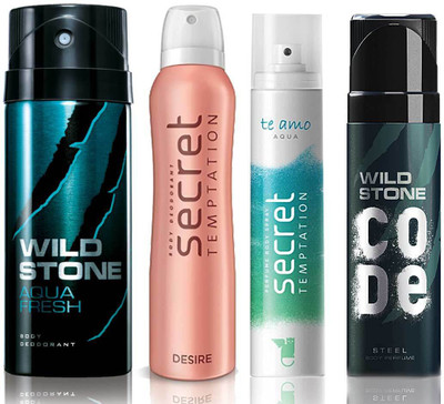 

Wild Stone Aqua Fresh Deodorant (150 ml), Code Steel Body Perfume(120 ml) and ST Desire Deodorant (150 ml), Te Amo Aqua Body Perfume (120 ml), Pack of 4 Perfume Body Spray - For Men & Women(540 ml, Pack of 4)