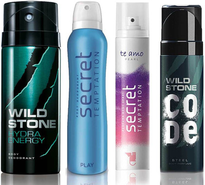

Wild Stone Hydra Energy Deodorant (150 ml), Code Steel Body Perfume(120 ml) and ST Play Deodorant (150 ml), Te Amo Pearl Body Perfume (120 ml), Pack of 4 Perfume Body Spray - For Men & Women(540 ml, Pack of 4)