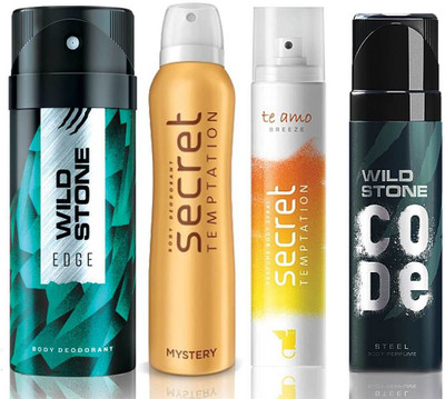 

Wild Stone Edge Deodorant (150 ml), Code Steel Body Perfume(120 ml) and ST Mystery Deodorant (150 ml), Te Amo Breeze Body Perfume (120 ml), Pack of 4 Perfume Body Spray - For Men & Women(540 ml, Pack of 4)