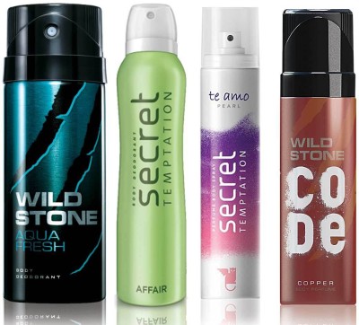 

Wild Stone Aqua Fresh Deodorant (150 ml), Code Copper Perfume(120 ml) and ST Affair Deodorant (150 ml), Te Amo Pearl Body Perfume (120 ml), Pack of 4 Perfume Body Spray - For Men & Women(540 ml, Pack of 4)