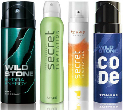

Wild Stone Hydra Energy Deodorant (150 ml), Code Titanium Body Perfume(120 ml) and ST Affair Deodorant (150 ml), Te Amo Breeze Body Perfume (120 ml), Pack of 4 Perfume Body Spray - For Men & Women(540 ml, Pack of 4)