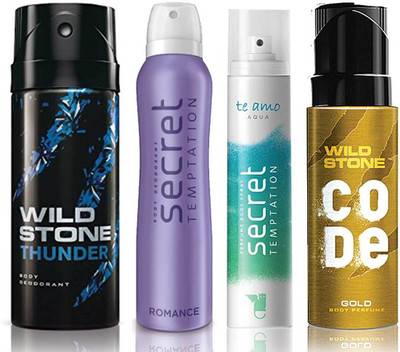 

Wild Stone Thunder Deodorant (150 ml), Code Gold Body Perfume(120 ml) and ST Romance Deodorant (150 ml), Te Amo Aqua Body Perfume (120 ml), Pack of 4 Perfume Body Spray - For Men & Women(540 ml, Pack of 4)