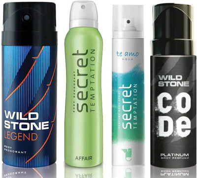 

Wild Stone Legend Deodorant (150 ml), Code Platinum Body Perfume(120 ml) and ST Affair Deodorant (150 ml), Te Amo Aqua Body Perfume (120 ml), Pack of 4 Perfume Body Spray - For Men & Women(540 ml, Pack of 4)