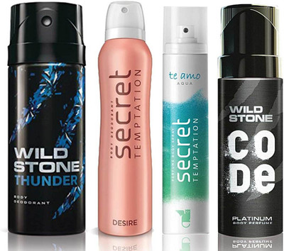 

Wild Stone Thunder Deodorant (150 ml), Code Platinum Body Perfume(120 ml) and ST Desire Deodorant (150 ml), Te Amo Aqua Body Perfume (120 ml), Pack of 4 Perfume Body Spray - For Men & Women(540 ml, Pack of 4)