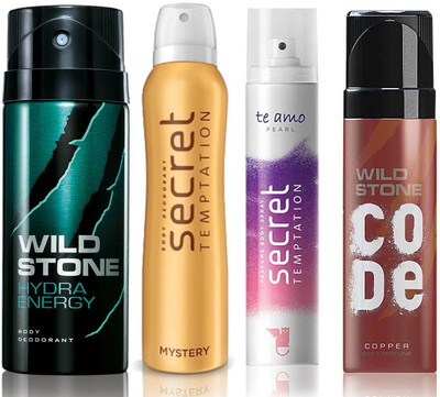 

Wild Stone Hydra Energy Deodorant (150 ml), Code Copper Perfume(120 ml) and ST Mystery Deodorant (150 ml), Te Amo Pearl Body Perfume (120 ml), Pack of 4 Perfume Body Spray - For Men & Women(540 ml, Pack of 4)