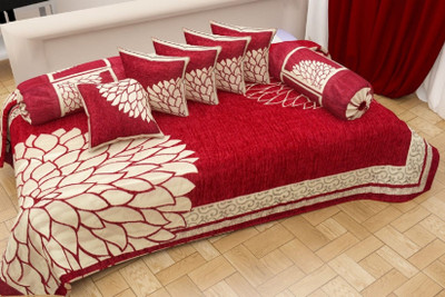 24x7 Home Store Chenille Floral Diwan Set(Maroon)