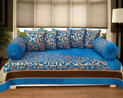 24x7 Home Store Chenille Floral Diwan Set(Blue)
