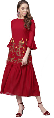 BITTERLIME Women Drop Waist Maroon Midi/Calf Length Dress
