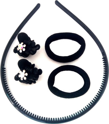 

POCKETFRIENDIES SET OF 5 BLACK HAIR BAND,SMALL HAIR CLUTCHER AND RUBBER BAND Hair Accessory Set(Black)