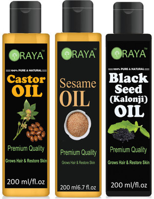 

ORAYA 100% Organic Cold Pressed Castor Oil And Blackseed ( Kalonji) & Sesame Oil For Hair Growth, Hair Treatment Oil-(200ml)-Pack of-3-Bottle-(600ml) Hair Oil-(600ml) Combo Hair Oil(600 ml)