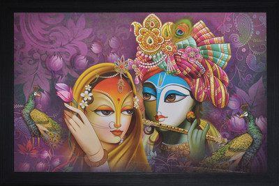 saf Radhey Krishna Textured Print with UV Canvas 14 inch x 20 inch Painting(With Frame)