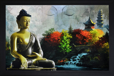 saf Buddha Textured Print with UV Canvas 13 inch x 19 inch Painting(With Frame)