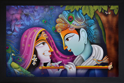 saf Radhey Krishna Textured Print with UV Canvas 14 inch x 20 inch Painting(With Frame)