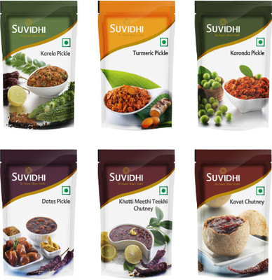 

Suvidhi Karela Pickle, Turmeric Pickle, Karonda Pickle, Dates Pickle, Khatti Meethi Teekhi Chutney & Kavat Chutney Mixed Pickle(100 g, Pack of6)