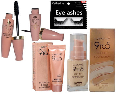 

catherine Eyelashes, Lakme 9to5 Eyeliner, Mascara, Mousse & Matte Foundation(Set of 5)