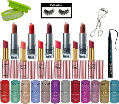 

catherine eyelashes, mirror nail polish pack of 12, enrich and lipstick pack of 12, pen eyeliner, nail polish remover with eyelashes curler(Set of 28)