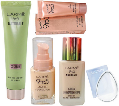 

Ultimate silicon puff, Lakme 9to5 Naturale and matte foundation, CC cream, weightless mousse foundation(Set of 5)