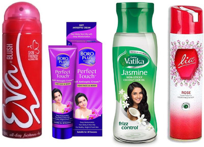

Dabur Jasmine Coconut Hair Oil, Boro Plus Perfect touch, Eva Deo Blush, Lia Rose Room Freshner(Set of 4)