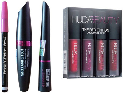 

Butees18 Eyebrow Black Pencil With Mascara & Liquid Eyeliner set of 3 with Red Edition Lipsticks Set of 4(Set of 4)