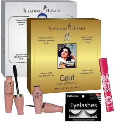 

catherine Eyelashes, Eyeliner & Mascara, Gold & Diamond Facial Kit, Baby Lips Lip Balm(Set of 6)