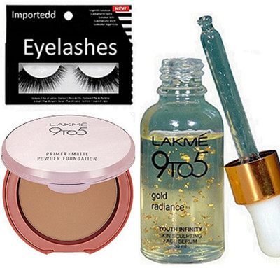 

importedd eyelashes,lakme 9to5 Face serum,primer matte powder foundation(Set of 3)