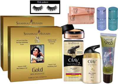 

pink palace Eyelashes, loose powder, gold facial kit pack of 2, total effects 7 in one day cream, weightless mousse foundation, infallible mattifying primer, mirror nail paint pack of 2(Set of 9)