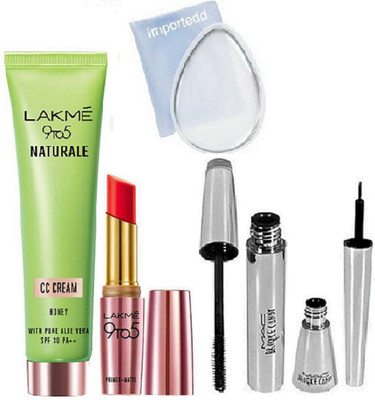 

importedd Silicon Puff, Lakme 9 to 5 Naturele cc Cream, 9 to 5 Lipstick, Broke candy EyeLiner and Mascara(Set of 5)