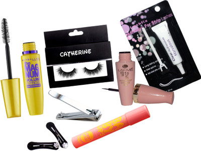 

catherine Eyelashes,Lakme 9 To 5 Eyeliner,Eyelash Glue,Maybelline Mag Num Mascara,Nail Cuter,Baby LipBalm,Hair Cilip(Set of 7)