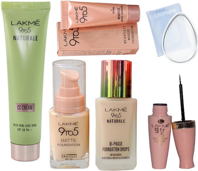 

Ultimate silicon puff,Lakme 9to5 Naturale and matte foundation, CC cream, weightless mousse foundation, waterproof eyeliner(Set of 6)