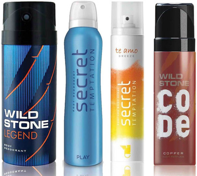

Wild Stone Legend Deodorant (150 ml), Code Copper Perfume(120 ml) and ST Play Deodorant (150 ml), Te Amo Breeze Body Perfume (120 ml), Pack of 4 Perfume Body Spray - For Men & Women(540 ml, Pack of 4)